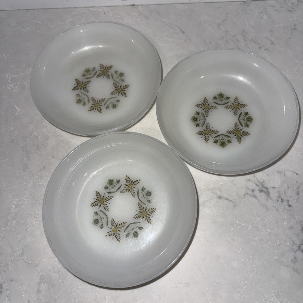 Set Of 3 Fire King Anchor Hocking Green Meadow Floral  Bowl 6 1/2"